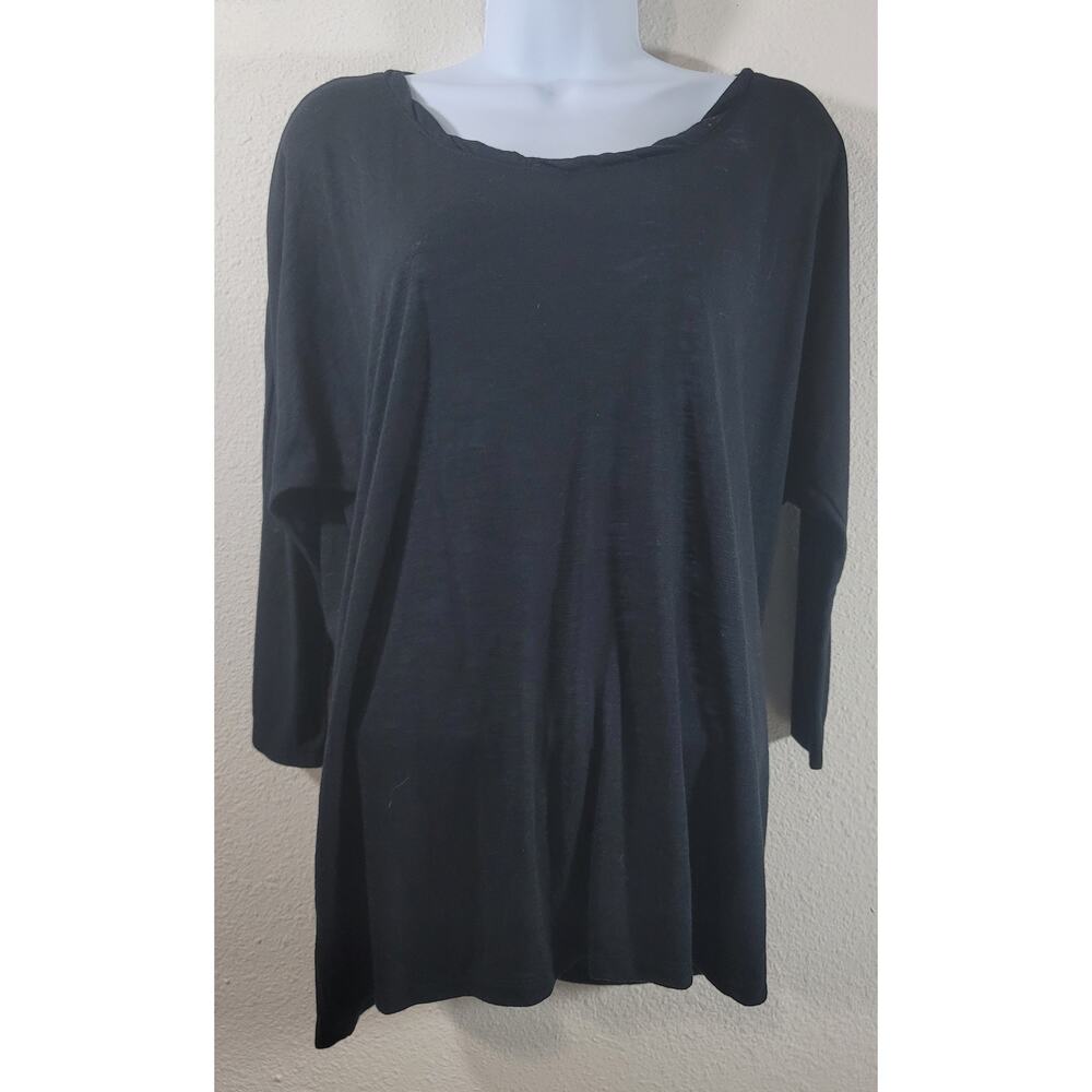Cato Black Slub Knit Round Folded Collar Top Large Lightweight Soft Stretchy